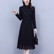 AEMAPE黑色長(cháng)袖蕾絲連衣裙女高級感秋2025冬季新款加絨加厚氣質(zhì)打底裙子 黑色 L 【90-105斤】