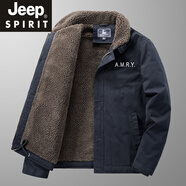JEEP SPIRIT冬季加絨加厚棉衣男美式工裝外套中老年毛領(lǐng)復(fù)古純棉棉襖抗寒棉服 黑藍(lán) 3XL