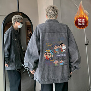 良茨胖子大碼牛仔外套男春秋棒球服潮牌牛仔夾克寬松大碼套裝夾克男 MY2260灰色加絨 5XL 205-240斤