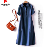 皮爾卡丹純棉短袖連衣裙女POLO領(lǐng)2025夏新款氣質(zhì)減齡休閑顯瘦中長(zhǎng)款襯衫裙 藏青色 M