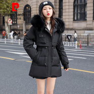 皮爾卡丹羽絨服冬季女2025新款中長(zhǎng)款修身收腰白鴨絨小個(gè)子真毛領(lǐng)外套 黑色 貉子真毛領(lǐng) M 建議110-130斤