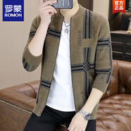 羅蒙（ROMON）2025春秋季水貂絨針織開(kāi)衫男士韓版印花立領(lǐng)休閑青年夾克衫外套潮 WE8993款 卡其色 【拉鏈款】 L