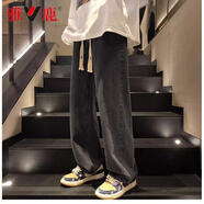 雅鹿牛仔褲男夏季薄款美式復古男褲直筒寬松闊腿長褲潮牌涼感牛仔長褲 黑灰色【薄款】 XL