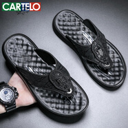 卡帝樂(lè )鱷魚(yú)（CARTELO）夏季透氣拖鞋男耐磨夾趾男士人字拖冰絲布男款涼拖鞋9605 黑色 44