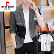 皮爾卡丹（pierre cardin）潮牌拼接中袖西服男薄款夏季韓版修身七分袖外套帥氣休閑西裝套裝 灰色+短袖T恤 L （105-120斤左右）