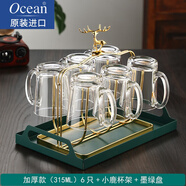 Ocean進(jìn)口耐高溫玻璃杯家用客廳待客水杯帶把茶杯家庭喝水杯子杯架套裝 加厚款（315ml）6只+墨綠盤(pán)+杯架