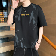 爵少（JUESHAO）短袖T恤男夏季薄款圓領(lǐng)百搭潮流半袖寬松上衣服潮牌休閑帥氣體恤 813  黑色 XL