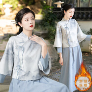 傾卿日常秋冬新中式漢服國風(fēng)女改良旗袍復古鹿皮絨刺繡上衣裙子茶藝服套裝 水墨上衣（常規保暖） L