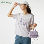 布景短袖T恤女2024春季新品簡(jiǎn)約文藝刺繡設計感寬松直筒圓領(lǐng)上衣 風(fēng)信紫 S