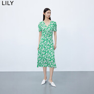 LILY【專柜甄選】秋新款女裝含真絲復古印花泡泡袖垂感連衣裙 309翠綠 S