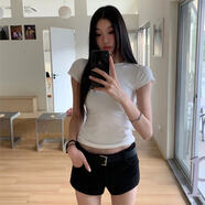 漫畫身材白色正肩短袖T恤女運動夏季修身性感顯瘦純色圓領上衣 白色 S