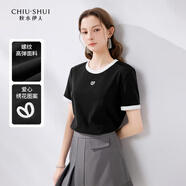 秋水伊人撞色正肩T恤夏清倉女簡約百搭圓領(lǐng)刺繡短袖顯瘦上衣 黑色 XL