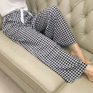 棉綢睡褲夏季女寬松大碼闊腿褲九分褲女家居可外穿人造棉褲子女士 綿綢闊腿褲-黑白格子 M 【建議80-100斤之內(nèi)】
