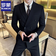 羅蒙（ROMON）雙排扣槍駁領(lǐng)西裝男套裝修身休閑韓版商務(wù)正裝男士結(jié)婚三件套西服 338黑色雙排扣【西服+西褲】 XL
