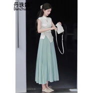 丹珠娜（DanZhuNa）新中式連衣裙子夏天女裝2025新款禪意國風法式水墨畫碎花長裙套裝 新中式上衣+綠色裙子 XL （110-120斤）