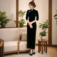 塵緣煙云旗袍禮服復(fù)古金絲絨旗袍長款春夏高擋改良時(shí)尚純色七分袖媽媽旗袍 墨綠 色長款七分袖 2XL