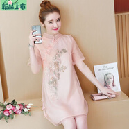 艾妃琳改良旗袍小個子中國風復古少女盤扣寬松顯瘦中長款刺繡連衣裙 藕色8506 M 90-105斤