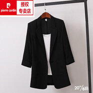 皮爾卡丹（pierre cardin）亞麻小西裝女外套薄款2024春夏大尺碼棉麻西服韓版寬松休閑英倫風 黑色 3XL