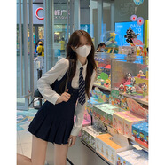 入秋謠學(xué)院風(fēng)純欲襯衫甜辣jk套裝女洋氣連衣裙減齡制服校園百褶裙兩件套 藏青色 S