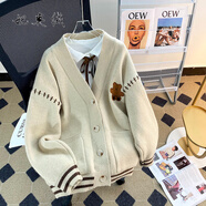 妃奧絨小熊毛衣針織衫開(kāi)衫女2024新款女裝外套寬松慵懶秋冬季外搭上衣 卡其色【小熊開(kāi)衫】 S