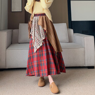 微愛的小松鼠（weiaidexiaosongshu）蕾絲拼接不規(guī)則半身裙女秋冬高腰大擺長裙顯瘦A字裙格子傘裙 紅色 均碼
