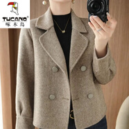 啄木鳥(niǎo)雙面呢大衣女秋冬季新款短款上衣小個(gè)子長(cháng)袖西裝潮流洋氣毛呢外套 咖啡色 XL 117-127斤