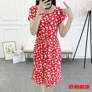 tromlfz夏季新款綿綢連衣裙長(cháng)款有袖有口袋碎花系帶收腰人造綿連衣裙 紅底雛菊 中長(cháng)款 XL 【建議110-115斤內】