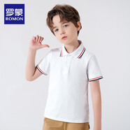 羅蒙男童短袖polo衫校園服飾春夏T恤女童班服 條紋白色短袖POLO衫110