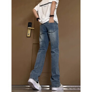 柏銘臣微喇牛仔褲男寬松夏季美式高街潮牌vibe修身直筒潮流痞帥褲子男 復古藍色 2XL 【建議140-160斤】