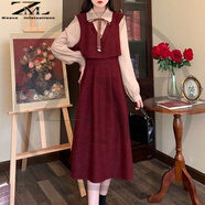 織迷假兩件長裙少女春秋冬裝2023新款學(xué)生寬松仙女森系連衣裙 【酒紅色】 2XL 建議120-135斤