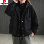 皮爾卡丹大碼女裝冬裝寬松文藝復古加絨加厚連帽棉衣短外套潮針織 黑色 XXL【140-155斤】