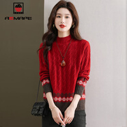 AEMAPE新年戰袍半高領(lǐng)復古麻花毛衣女2025春秋冬季新款提花內搭針織衫女 MX-7221_紅色 L 建議105-115斤