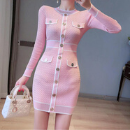蘭威費雷秋季名媛氣質(zhì)修身顯瘦長(cháng)袖圓領(lǐng)高腰單排扣包臀針織連衣裙女粉 粉紅色909顯瘦鉛筆裙 XL