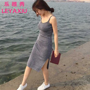 樂雅秀春夏女裝修身性感包臀針織背心長裙露背內(nèi)搭緊身吊帶裙打底連衣裙 灰色 S 建議80-95斤