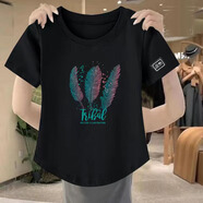 珞達達短袖t恤女夏女裝新款寬松休閑顯瘦圓領不規(guī)則上衣體恤打底衫 黑色羽毛 XL 建議110-120斤
