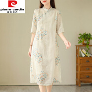皮爾卡丹（pierre cardin）中式連衣裙夏季新改良棉麻旗袍裙女寬松氣質顯瘦復古苧麻印花短袖 杏底碎花 M【95-115斤】