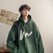 WEIJUE連帽衛(wèi)衣男2024新款秋冬季學(xué)生寬松潮牌寬松日系重磅男生上衣外套 墨綠色 XL碼（110斤-145斤）
