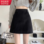 確彤學(xué)院風(fēng)純色短裙女春秋高腰顯瘦格紋毛呢半身包臀裙胖遮肚A字裙 百搭黑 毛呢面料/松緊腰 2XL 建議135至150斤