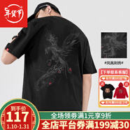 街頭熊貓短袖t恤男女潮牌夏季中國風刺繡純棉寬松休閑男裝國潮情侶T恤 T617黑色 XL碼（建議136-155斤）