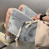 衣然呈品潮牌破洞牛仔短褲男直筒寬松休閑簡約大褲衩夏季百搭五分褲子男士 淺藍(lán)色系帶款 L【建議120-135斤】