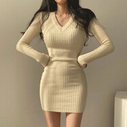 梵闋針織連衣裙女韓版chic秋冬復古配大衣修身顯瘦打底內搭毛衣包臀裙 杏色 均碼-85-130斤