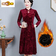 初徑媽媽加絨加厚連衣裙女中長(cháng)款長(cháng)袖金絲絨改良旗袍裙子大碼長(cháng)裙修身 紅色(加絨) 2XL (建議105-120斤)