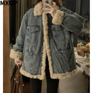 MXQP羊羔毛絨牛仔外套女秋冬2025新款寬松加絨棉衣棉服小個(gè)子加厚棉襖 藍(lán)色 M 【100-115斤】