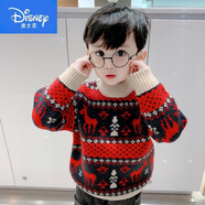 迪士尼（Disney）男童裝加厚毛衣紅色圣誕針織衫兒童套頭秋冬打底衫寶寶新年毛線衣 卡其領(lǐng) 110