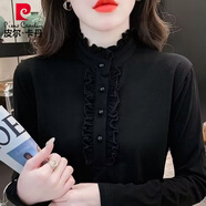 皮爾卡丹咖色荷葉領(lǐng)打底衫女秋冬新款內(nèi)搭上衣木耳邊長(zhǎng)袖t恤洋氣加絨款 黑色(加絨舒適)坑起球 M 建議90-105斤
