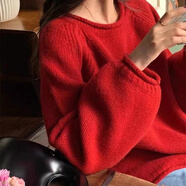 Jret法式洋氣黃色針織衫毛衣女套頭2024新款秋冬粗棒針寬松慵懶風(fēng)上衣 紅色 M 建議95-110斤