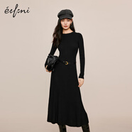 伊芙麗（eifini）伊芙麗圓領(lǐng)坑條長袖黑色針織連衣裙女2023冬裝新款赫本風(fēng)氣質(zhì)裙子 黑色預(yù)售1 S 155/80A