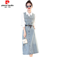 初徑2025氣質(zhì)新款百搭牛仔背心兩件套裙+白色襯衣撞色腰帶長(cháng)袖連衣裙 淺藍色背心裙 S 80斤-90斤