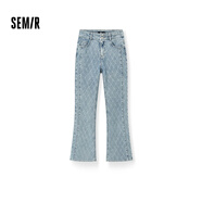 Semir[森柔牛仔]森馬牛仔褲女高腰長褲顯腿長秋顯瘦拼接喇叭褲 藍(lán)白色調(diào)00381 29