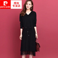 皮爾卡丹（pierre cardin）2025秋冬季新款毛衣裙長(cháng)款過(guò)膝長(cháng)袖針織打底衫顯瘦蕾絲連衣裙女 黑色 XL